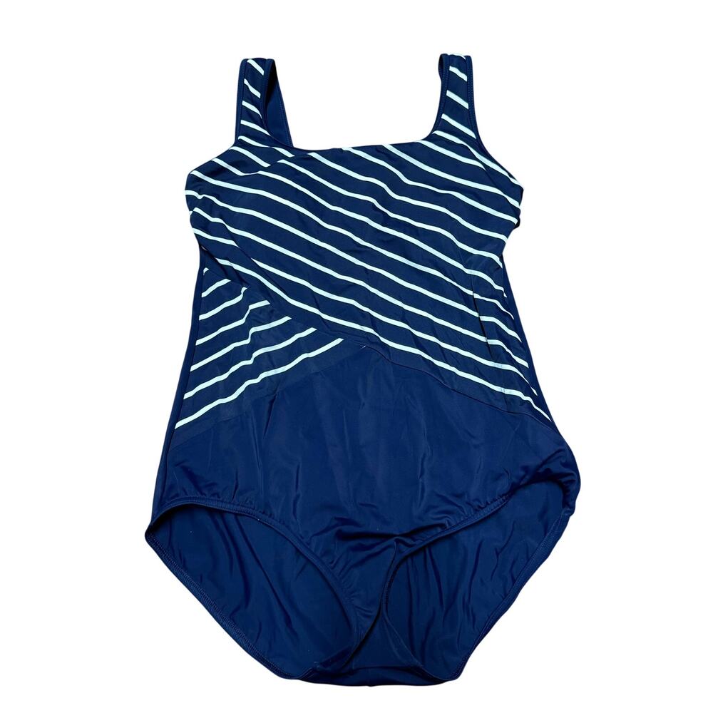 Lands End Womens Navy White Striped One Piece Swim Suit 10 Modest Built in Bra
